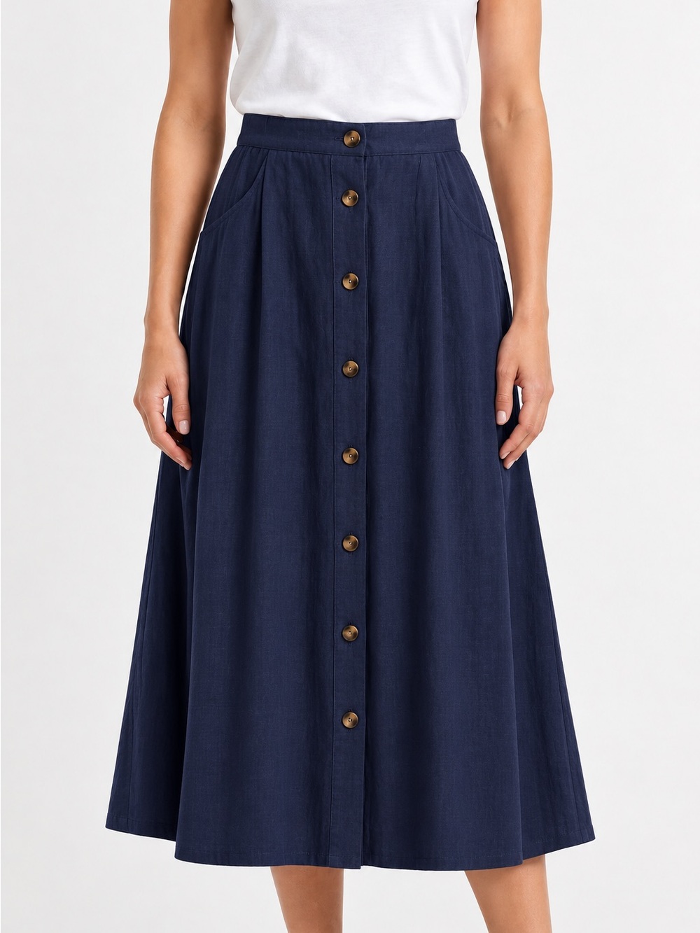 St. John's Bay Navy Maxi Skirt with Front Buttons Cotton/Linen Blend sz M